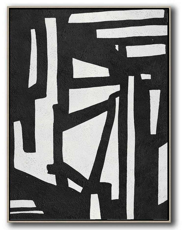 Handmade Large Contemporary Art,Black And White Minimal Painting On Canvas - Modern Canvas Art
